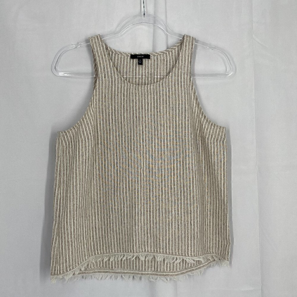 DREW Tan & White Striped Boho Fringe Sleeveless Tank Top